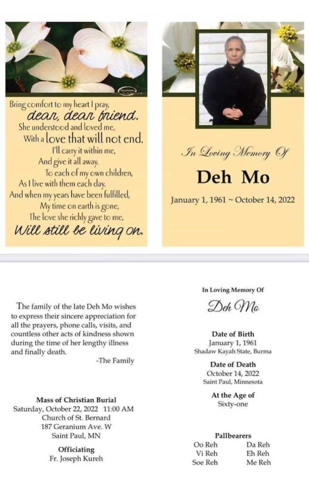 Oo Reh's mother, Deh Mo, passed away 