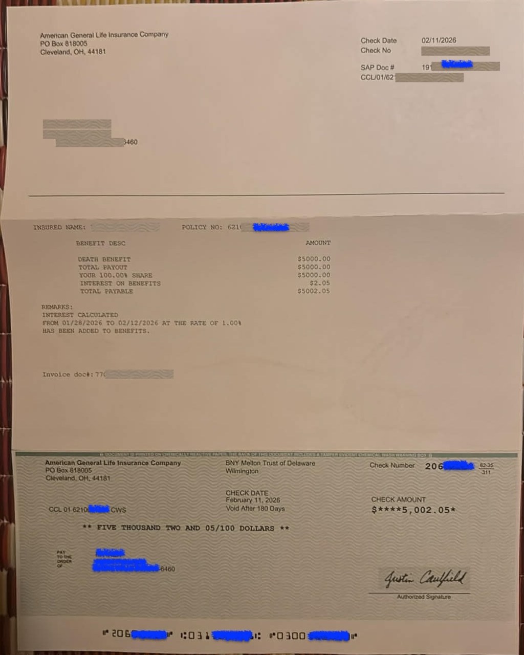 Final expense claim check of $5,000 for a&nbsp;grandpa